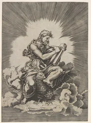 St. Johannes, zittend en een schrijfinstrument houdend naar een tablet, een adelaar met uitgespre..., na 1518