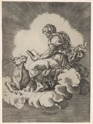 Sint Lucas, zittend op een wolk met een open boek in beide handen, een stier liggend aan zijn voeten, na 1518