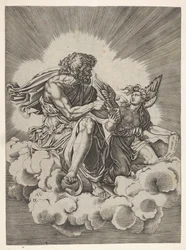 Sint Mattheüs, zittend op een wolk met gekruiste benen en een pen in een inktpot doopend