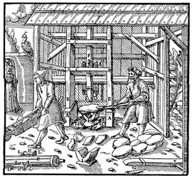 Stampmolen voor het breken van koperen cupellatiekoeken voor verdere raffinage, 1556