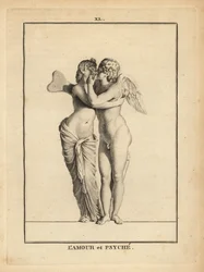 Standbeeld van de Griekse god van de liefde Eros en de sterfelijke prinses Psyche die kussen