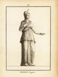 Standbeeld van de Romeinse godin van de wijsheid Minerve Ergane (Minerva werkster), met helm en slang