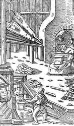 Staalproductie: een smederij met blaasbalgen om trek te produceren, 1556