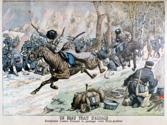 Verrassingsaanval door Russische cavalerie op de weg naar Port Arthur, Russisch-Japanse Oorlog, 1904