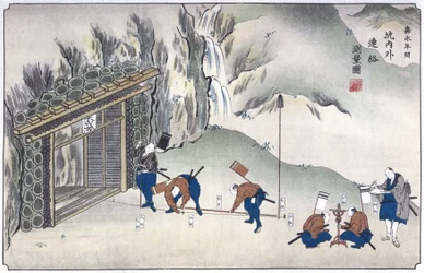 Het in kaart brengen van de ingang van een mijn, Japan, ca. 1850