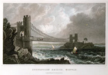 Hangbrug over de Conwy-estuarium, Wales, ca. 1840