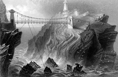 Hangbrug naar de South Stack vuurtoren bij Holyhead, Wales, ca. 1860