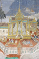 Zilveren Pagode Deze muurschildering toont scènes uit de Reamker, de Cambodjaanse versie van het klassieke hindoeïstische gedicht Ramayana, Phnom Penh, Cambodja