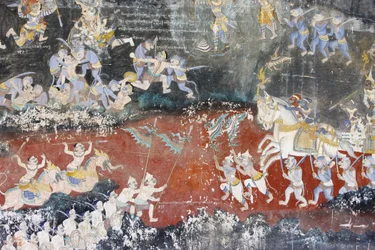 Zilveren Pagode Deze muurschildering toont scènes uit de Reamker, de Cambodjaanse versie van het klassieke hindoeïstische gedicht Ramayana, Phnom Penh, Cambodja