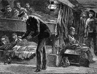 De pols nemen van een zieke Ierse emigrant aan boord van een schip, 1840s ca. 1890