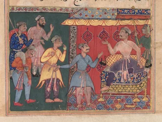 Verhalen van een papegaai Tuti-nama: De twaalfde nacht: Koning Bhojaraja probeert tevergeefs te achterhalen..., c. 1