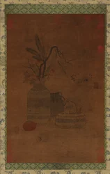 Wandtapijt: een kom, twee potten, bloemen en fruit, Mogelijk Ming dynastie, 1368-1644