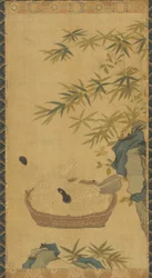 Tapijt: duiven baden in een kom, rotsen en bamboes, Mogelijk Ming-dynastie, 1368-1644