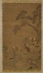 Wandtapijt: vijf wijzen in een tuin onder dennen, Ming-dynastie tot Qing-dynastie, 1368-1911