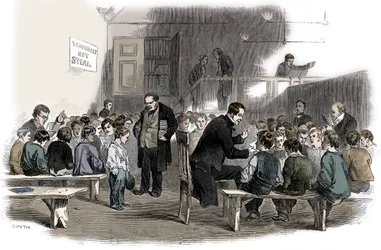 Jongens leren lezen in de Ragged School Union school, Lambeth, Londen, 1868