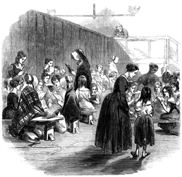Meisjes leren lezen in de Ragged School Union school, Lambeth, Londen, 1868