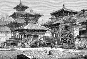 Tempels tegenover het Koninklijk Paleis, Katmandu, Nepal, 1895