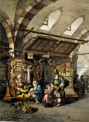 De bazaar (soek) van Constantinopel, kleurenlithografie