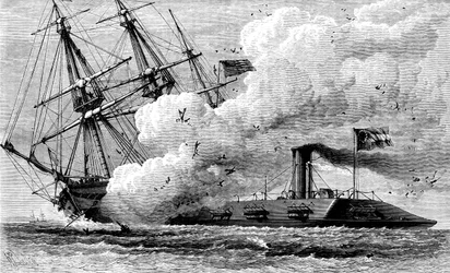 De Geconfedereerde ijzerenclad Merrimac die de USS Cumberland tot zinken brengt, 1862 ca. 1880
