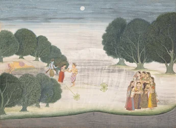 De dood van de reus Shankachura: Pagina uit een verspreide Bhagavata Purana