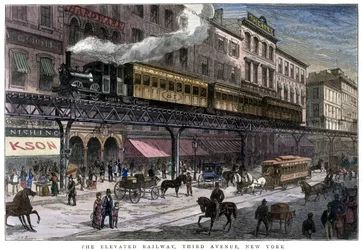 De verhoogde spoorweg, Third Avenue, New York, 1879