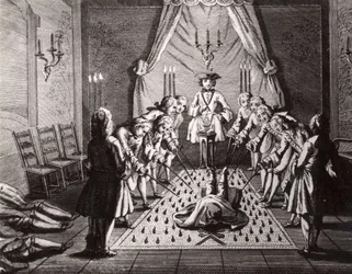 De inwijdingsceremonie van de Franse Vrijmetselaars, 18e eeuw