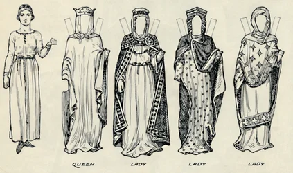 De Grote Galerij van Britse Kostuums: Diverse jurken gedragen in Normandische tijden, ca. 1934