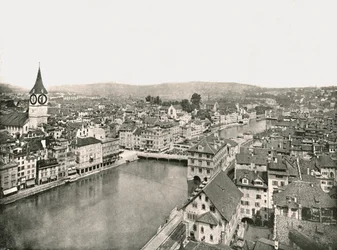 De Grosse Stadt en Kleine Stadt gescheiden door de rivier de Limmat, Zürich, Zwitserland, 1895