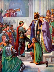 De investituur van de Zwarte Prins als ridder in de Orde van de Kousenband, 1348, ca. 1920