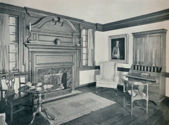 De woonkamer van het Francis Corbin Huis, in Edenton, gebouwd in 1758