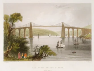 De Menai-brug, Bangor Noord-Wales, ca. 1826-ca. 1850