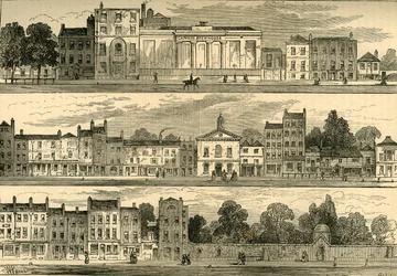 De noordkant van Knightsbridge in 1820, van de Cannon Brewery tot Hyde Park Corner, ca. 1876