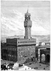 Het Piazza della Signoria, Palazzo Vecchio, Florence, Italië, 1882