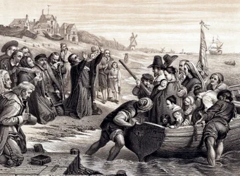 De pelgrimsvaders verlaten Delft Haven voor hun reis naar Amerika, juli 1620, 1878