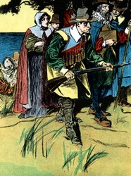 De pelgrims na aankomst in Amerika, 1620, ca. 1900
