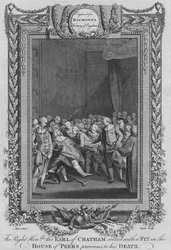 De zeer eerbiedwaardige graaf van Chatham krijgt een aanval in het Hogerhuis, c1787