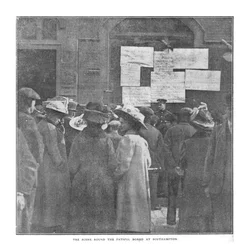 De scène rond de noodlottige tafel in Southampton, 20 april 1912
