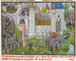 Het Beleg van het Kasteel van Mortagne, nabij Bordeaux, in 1377 uit Recueil des croniques d
