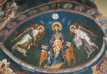 De Maagd op de Troon met Christus Emmanuel met Aartsengelen Michael en Gabriel