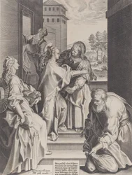 De Visitatie, de Maagd en Sint-Elizabeth omhelzen elkaar in het midden, geflankeerd door andere f..., 1589