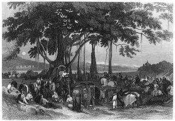 De aankomst van de contingentmacht van de Sikh onregelmatige cavalerie, India, ca. 1860