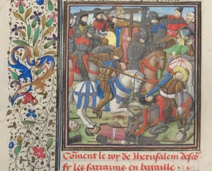 De strijd tussen de kruisvaarders en Saracenen. Miniatuur uit de Historia door Willem van Tyrus, 1460s
