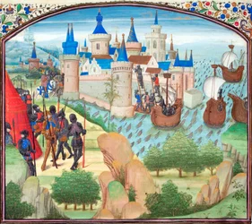 De verovering van Constantinopel over land en zee in 1204. Miniatuur uit de Historia van Willem van Tyrus, 1460s