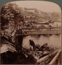 Het centrum van het verkeer - Singapore River en Kavanagh Bridge, vanaf het landmeterskantoor, Singapore, 19de eeuw