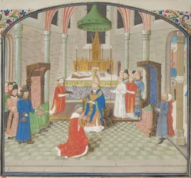 De kroning van Boudewijn I op Eerste Kerstdag 1100. Miniatuur uit de Historia door Willem van Tyrus, 1460s