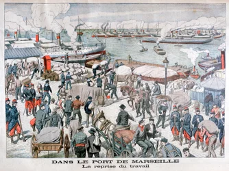 Het einde van de staking door havenarbeiders in de haven van Marseille, Frankrijk