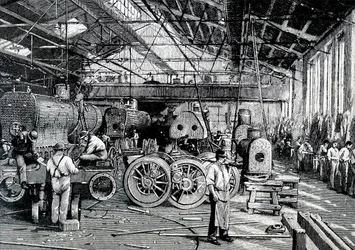 De montagewerkplaats van de Baldwin Locomotive Works