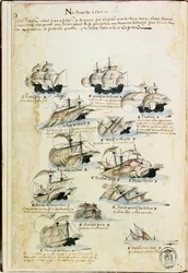 De vloot van Pedro Álvares Cabral in 1500. Uit Livro das Armadas, ca. 1568