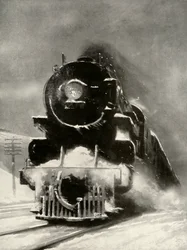 De woede van de sneeuwstorm maakt geen indruk op deze mammoetlocomotief, 1935