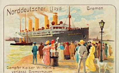 De reus SS Kaiser Wilhelm II vertrekt van de kade in Bremerhaven, Duitsland, 1905